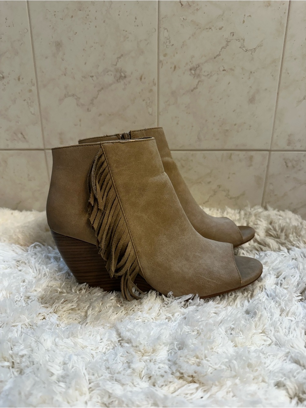 Ariat Taupe Suede Fringe Peep-Toe Wedge Booties